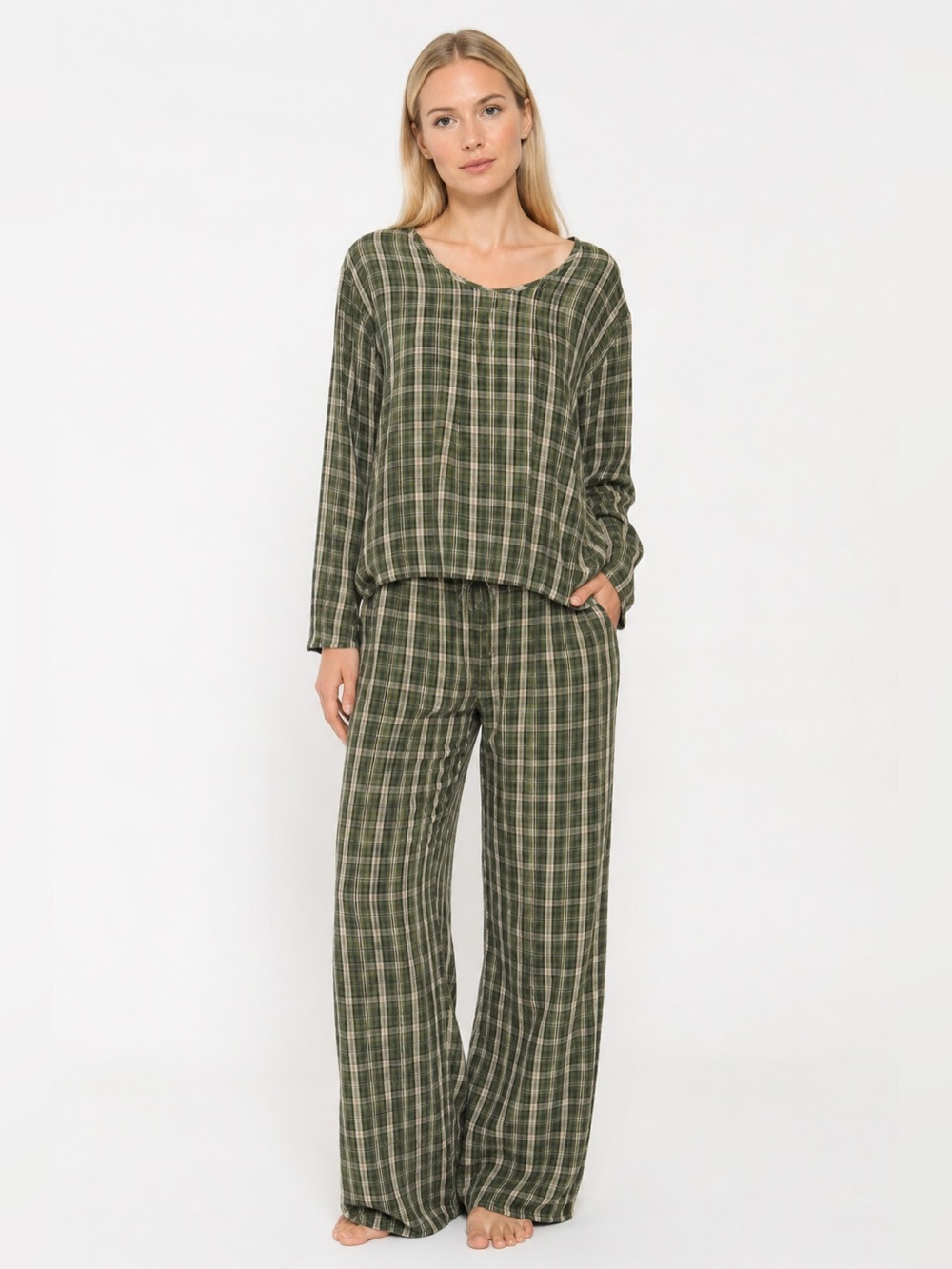 FLAX olive green check print pop over tunic top and pant set